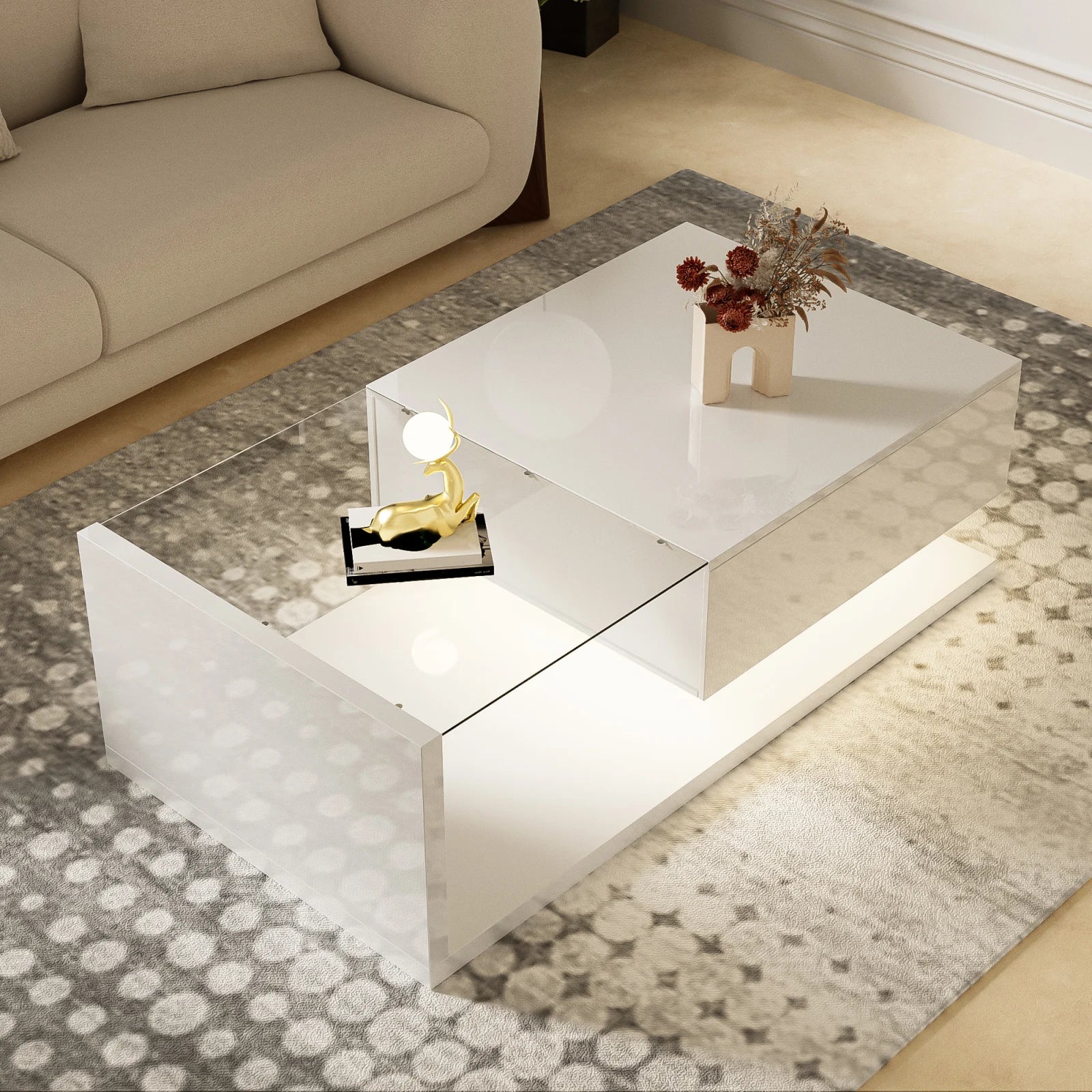 Table basse 105x55x32.5cm tables basses avec effet verre et LED
