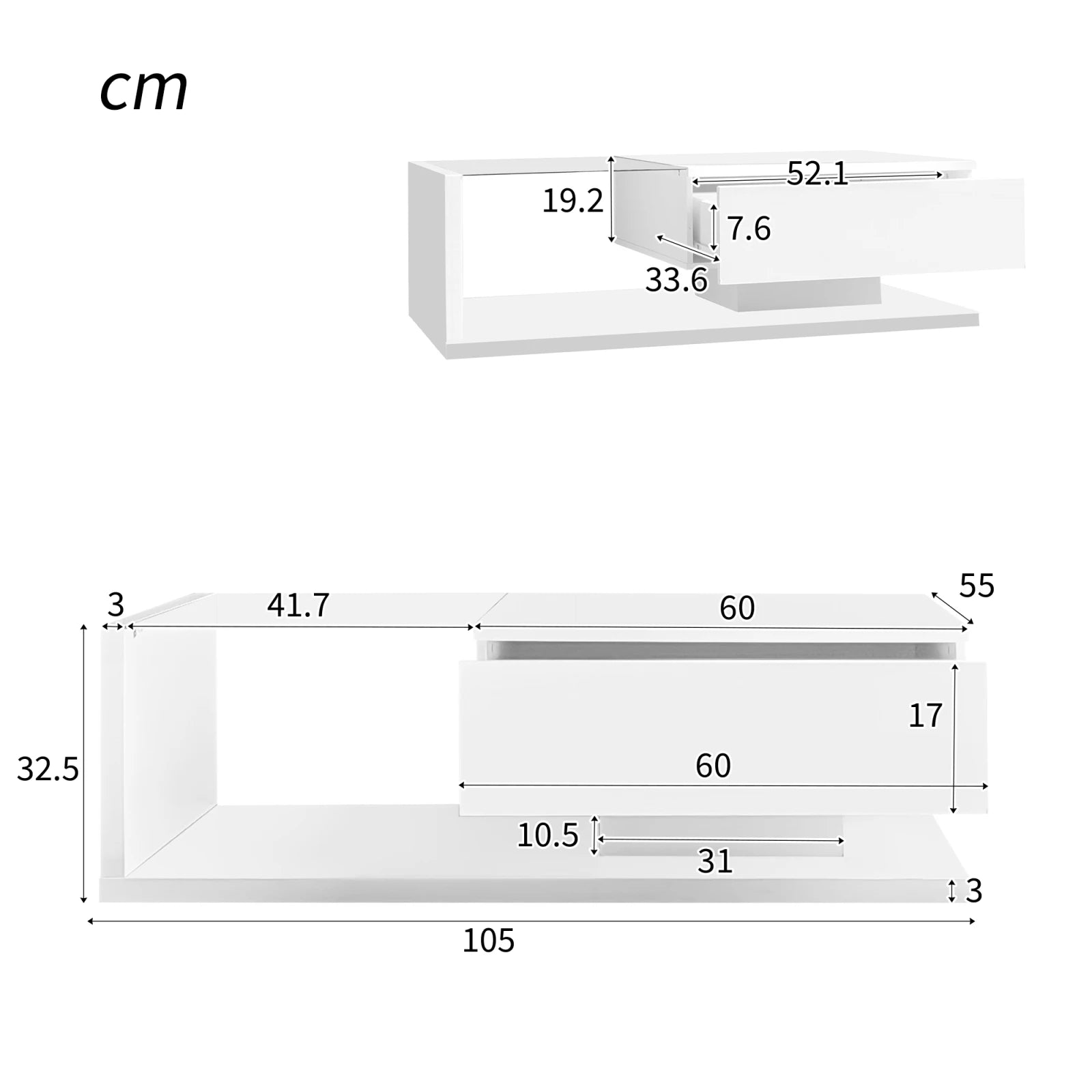 Table basse 105x55x32.5cm tables basses avec effet verre et LED
