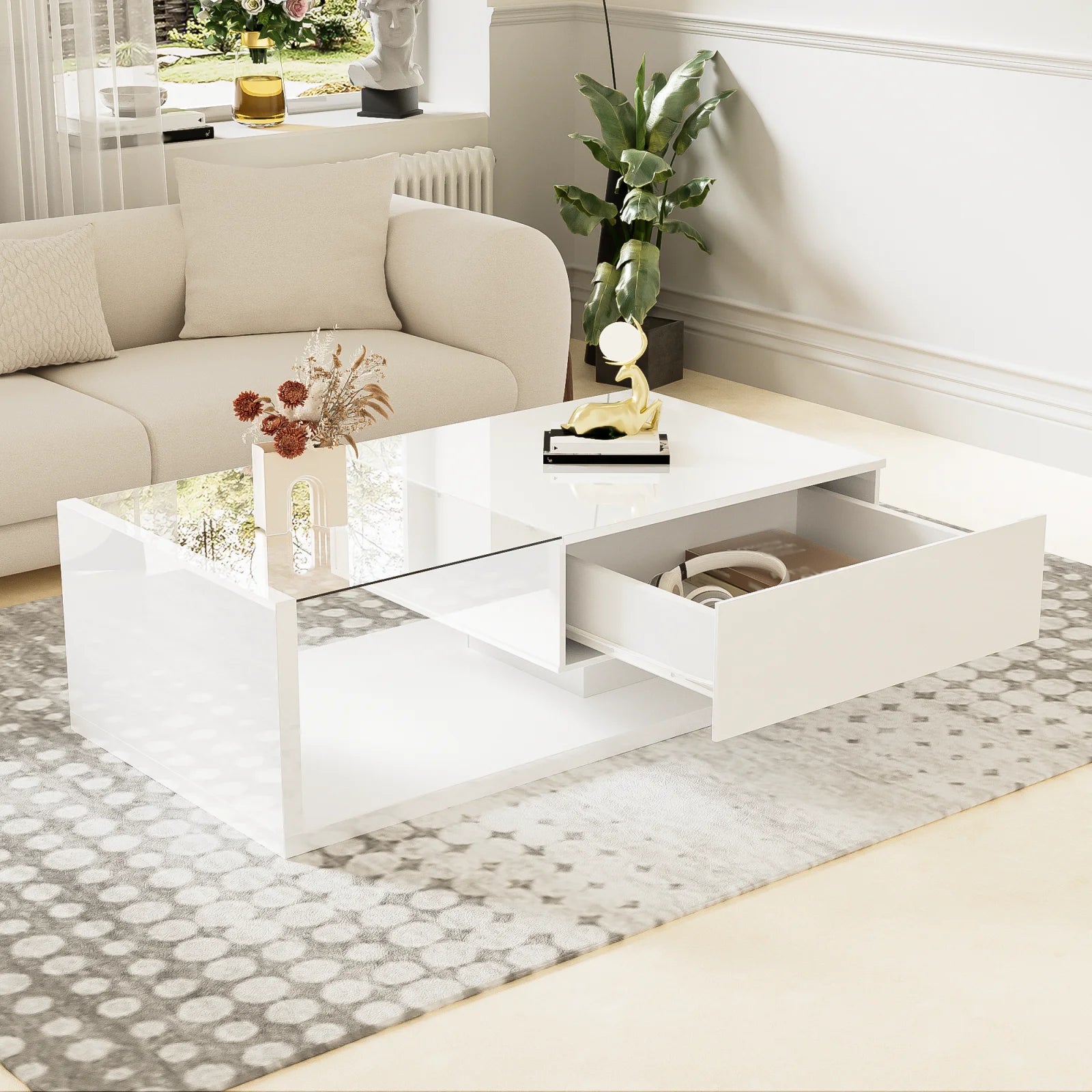 Table basse 105x55x32.5cm tables basses avec effet verre et LED