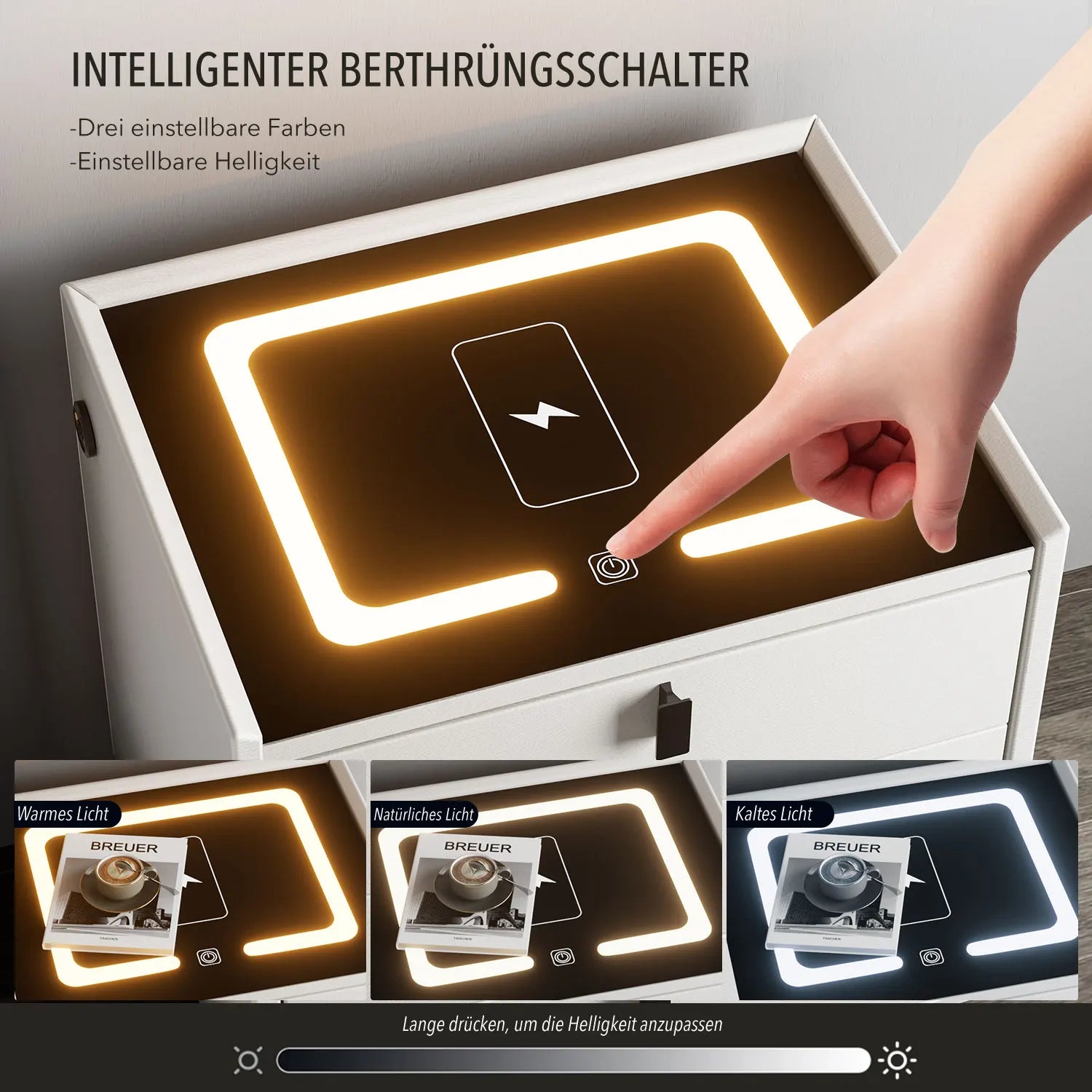 Table de chevet intelligente avec chargement sans fi et avec lumière LED