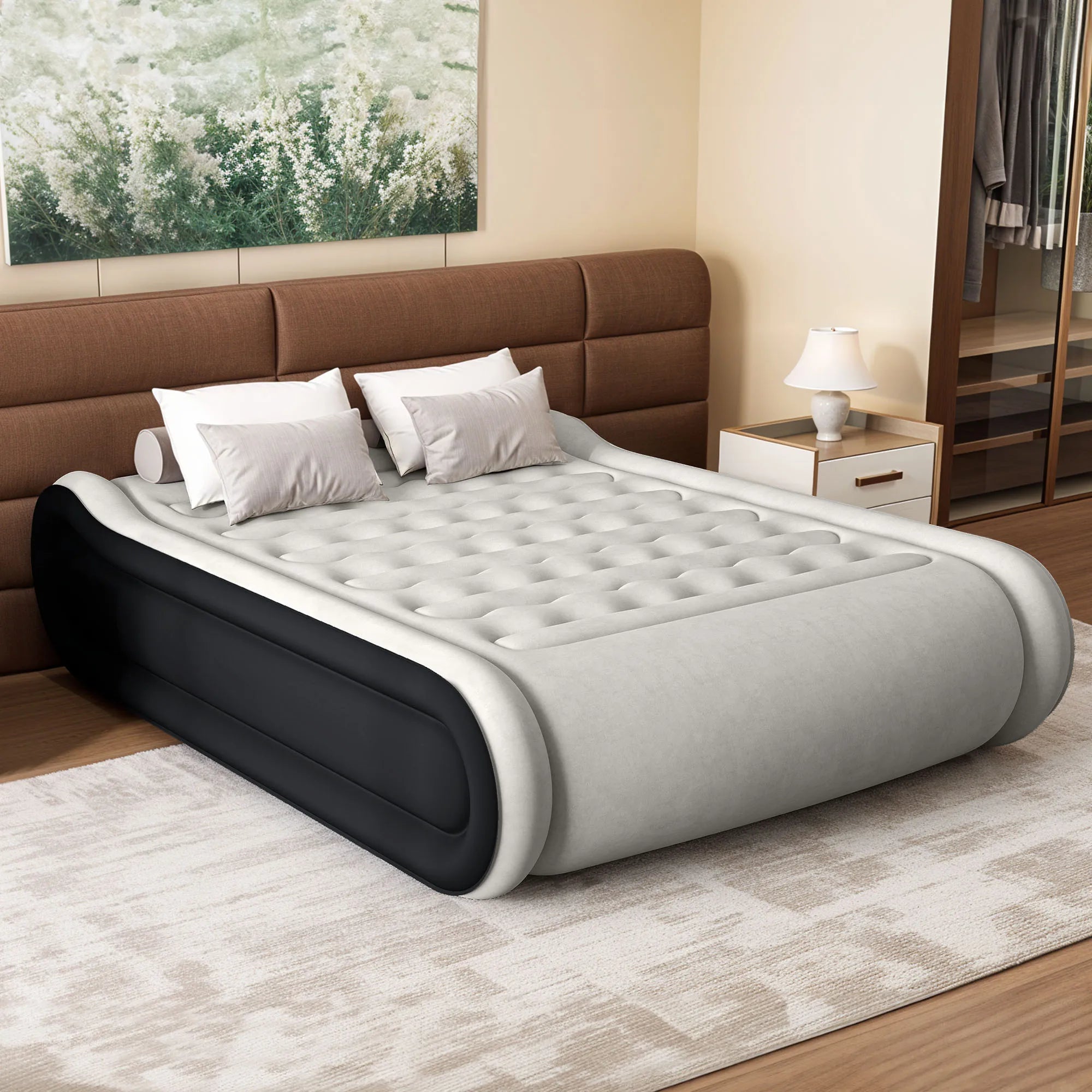 Matelas pneumatique de luxe gris noir pour 2 personnes avec oreiller