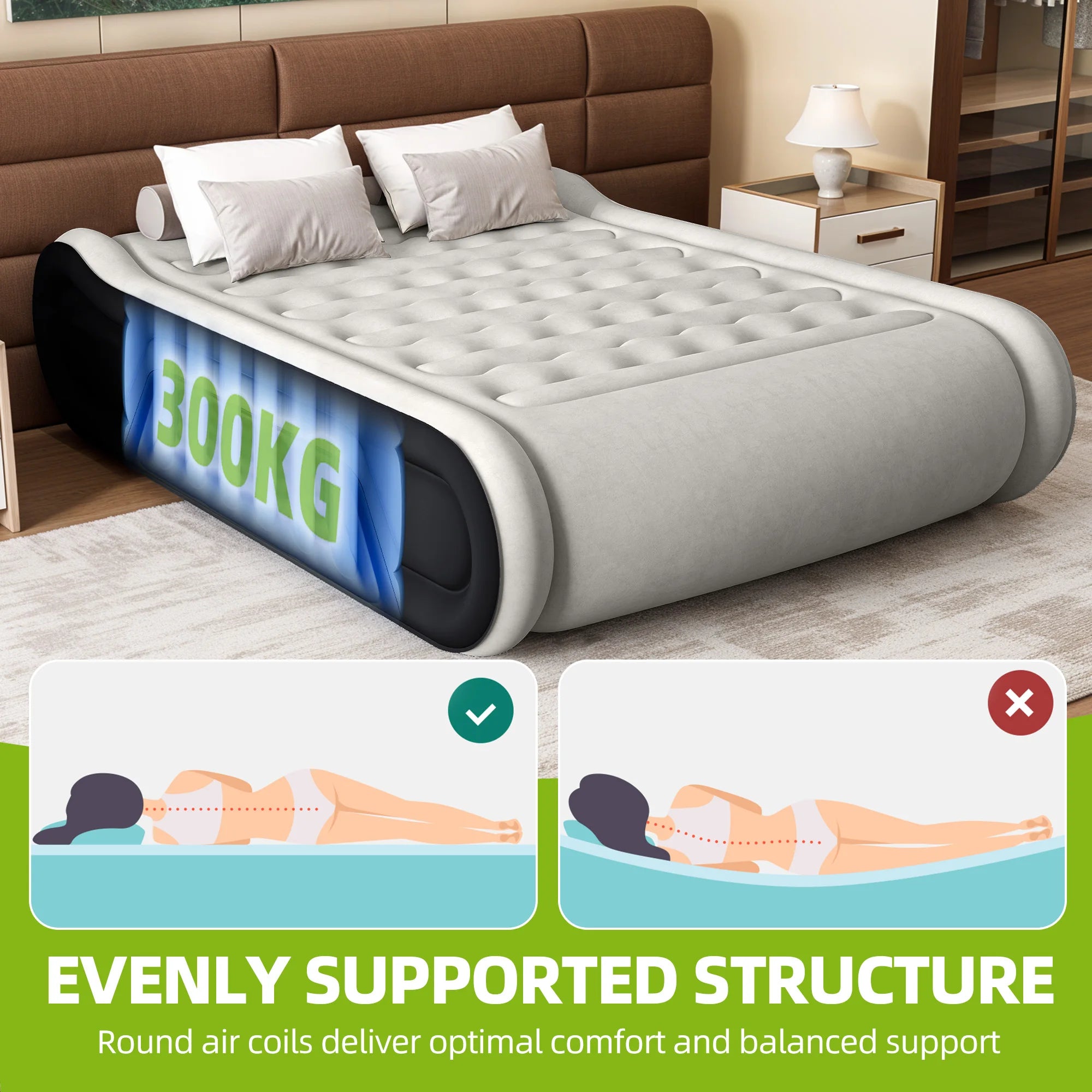 Matelas pneumatique de luxe gris noir pour 2 personnes avec oreiller