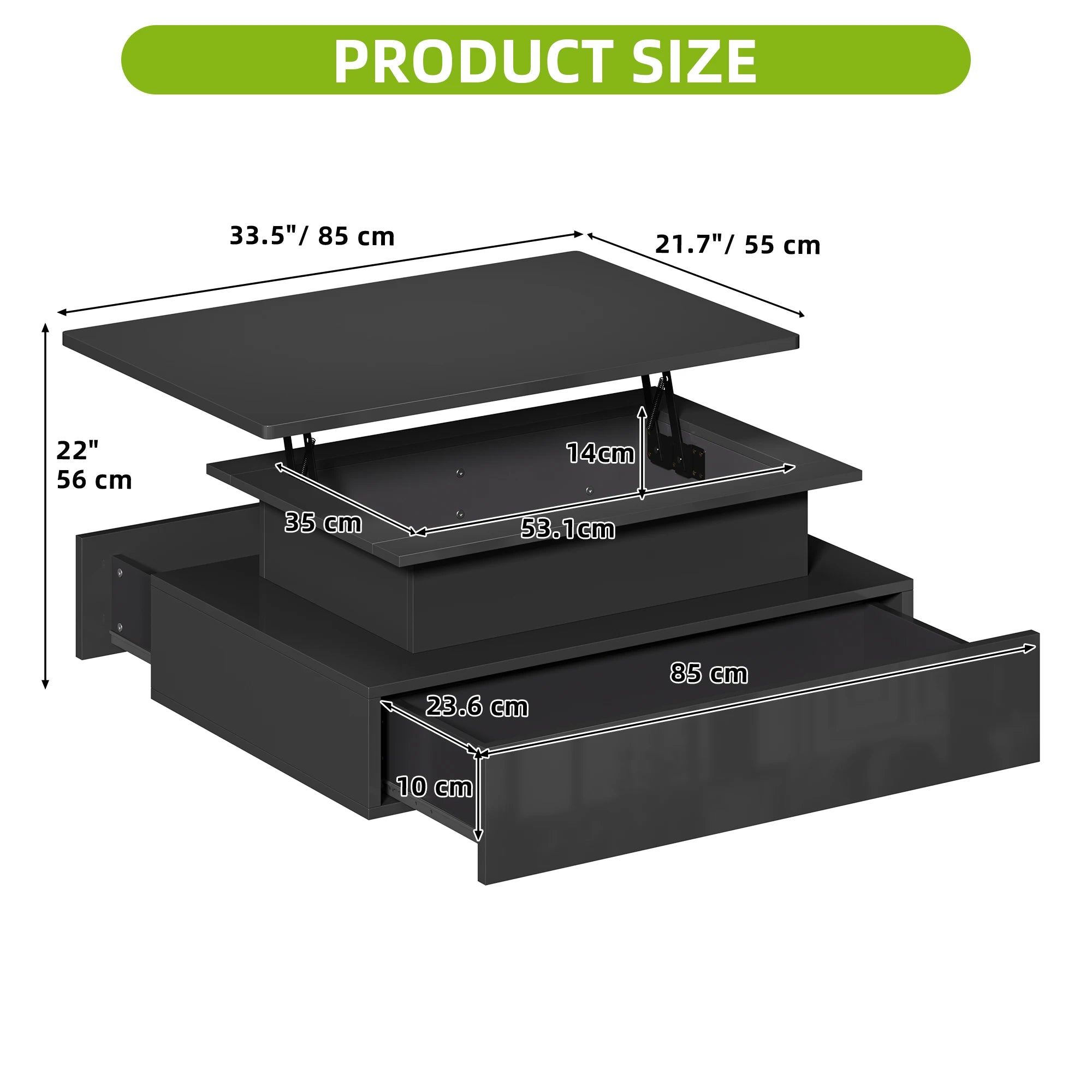 Table basse relevable – Design moderne rectangulaire avec éclairage LED