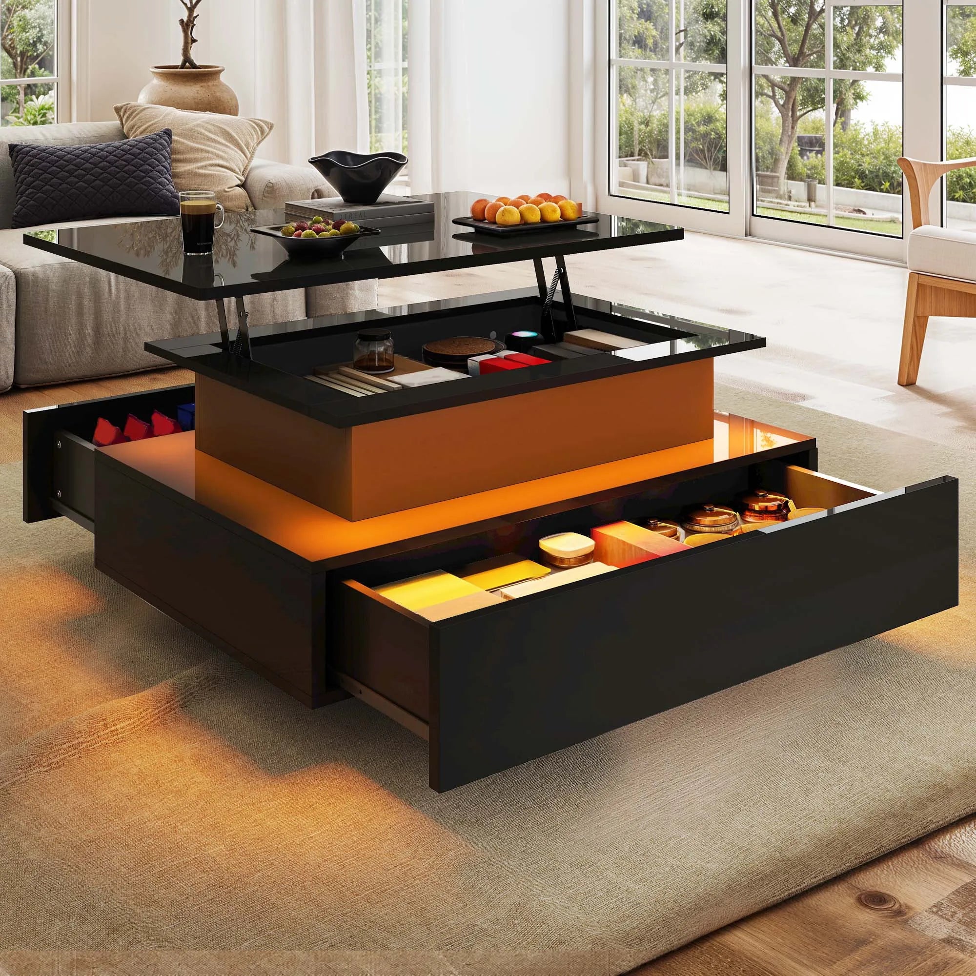 Table basse relevable – Design moderne rectangulaire avec éclairage LED