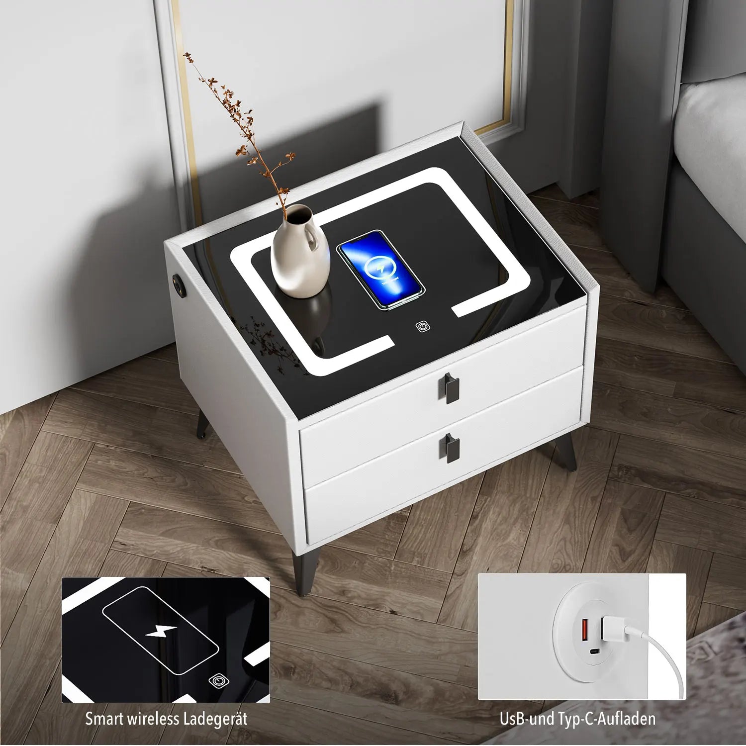 Table de chevet intelligente avec chargement sans fi et avec lumière LED